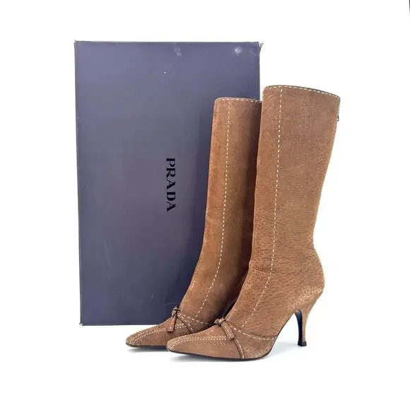 Vintage Prada Brown Suede Bow White Contrast Stitch Knee High Boots 40 - Picture 2 of 9